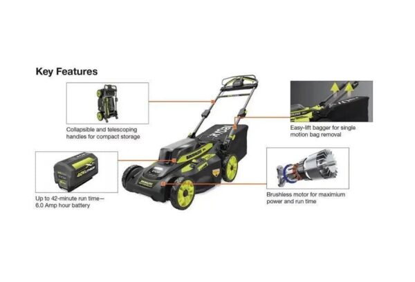 ryobi 40v brushless 20 in. cordless walk behind self propelled lawn mower with 6.0 ah battery & charger